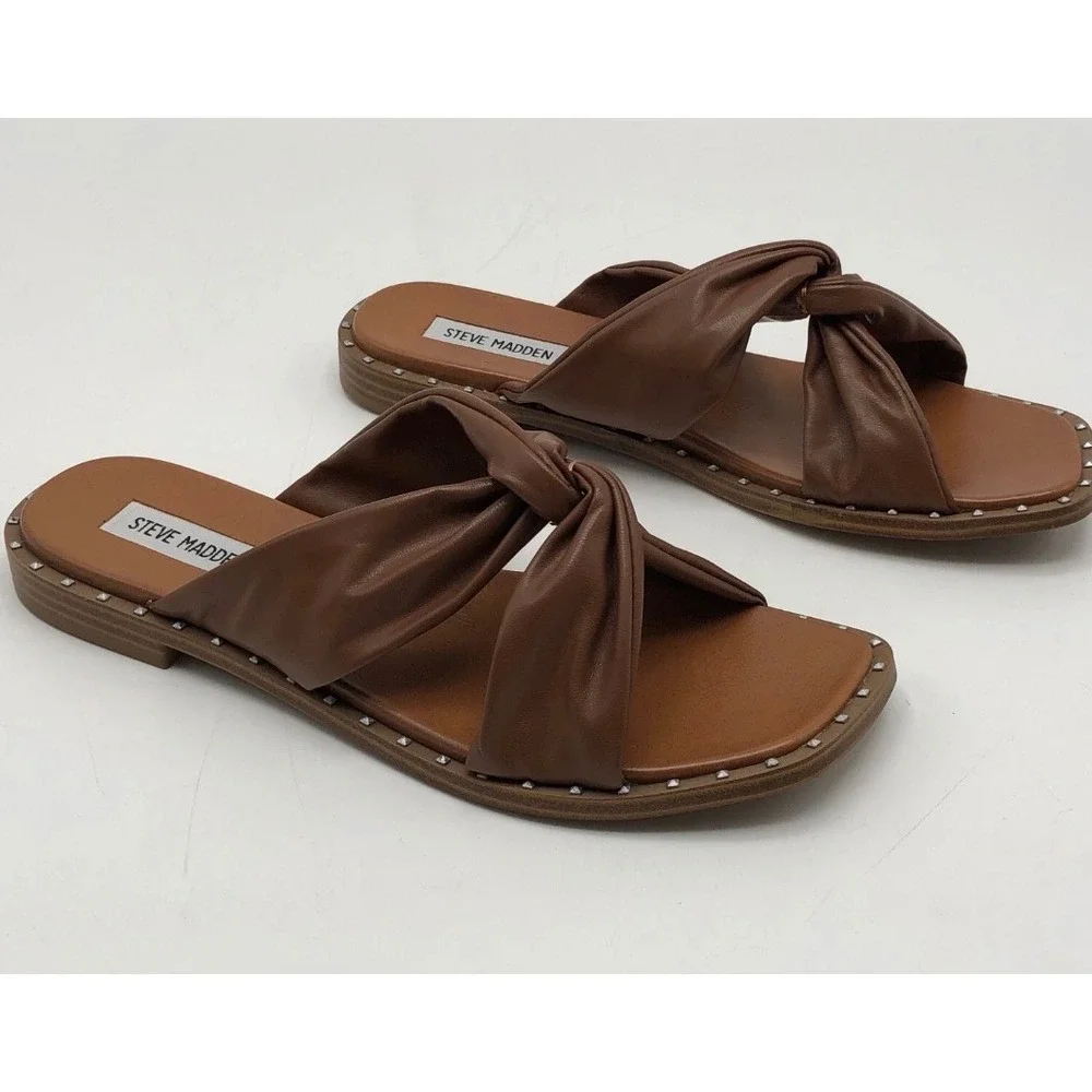 Steve Madden Mazal Sandals Womens 9.5 Brown Knotted Studded Square Toe Boho Chic